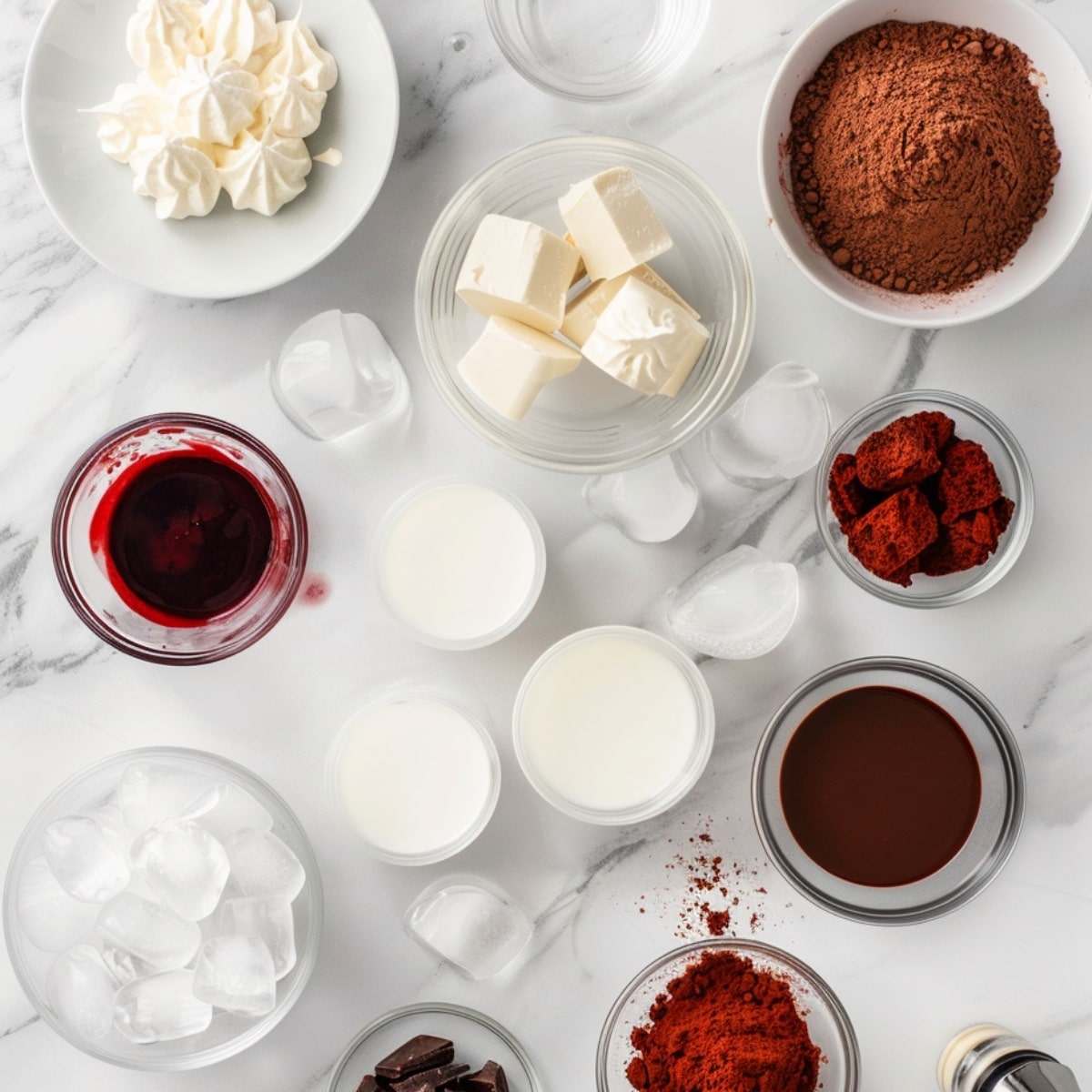 Flat lay of red velvet martini ingredients: vanilla vodka, chocolate liqueurs, heavy cream, vanilla, red food coloring, ice, whipped cream, and red velvet crumbs for garnish.