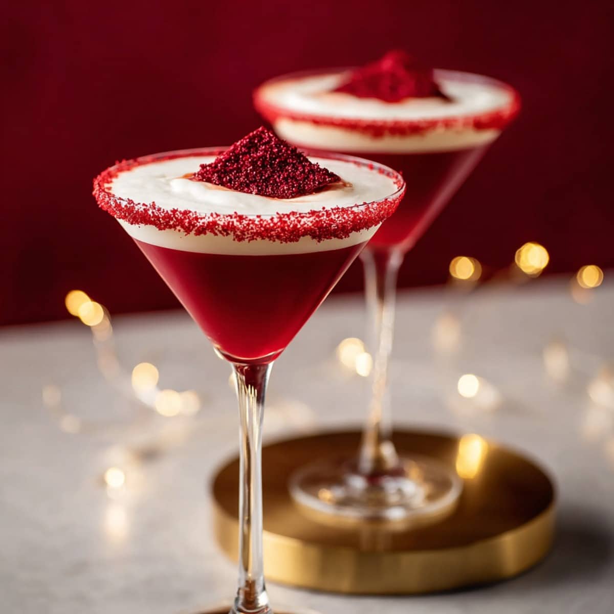 Red velvet martini in a sugar-rimmed martini glass with a creamy white foam top and a red velvet cake crumb garnish, set against a deep red background with soft golden bokeh lights.