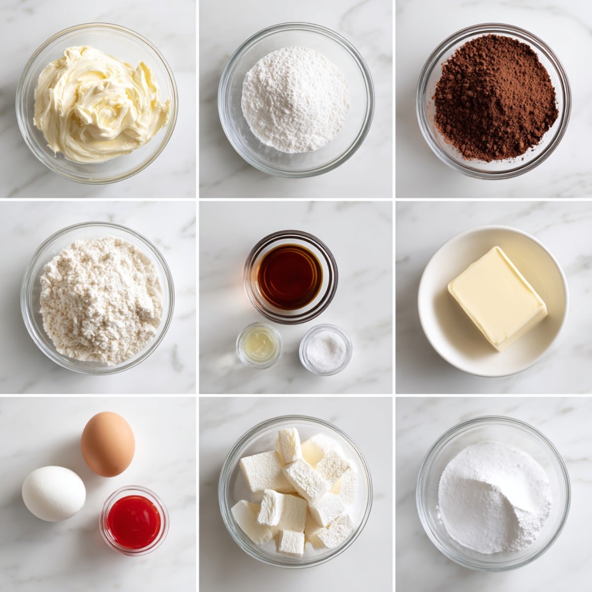 Red velvet snowballs ingredients arranged in a 4-grid flat lay on a white marble counter.