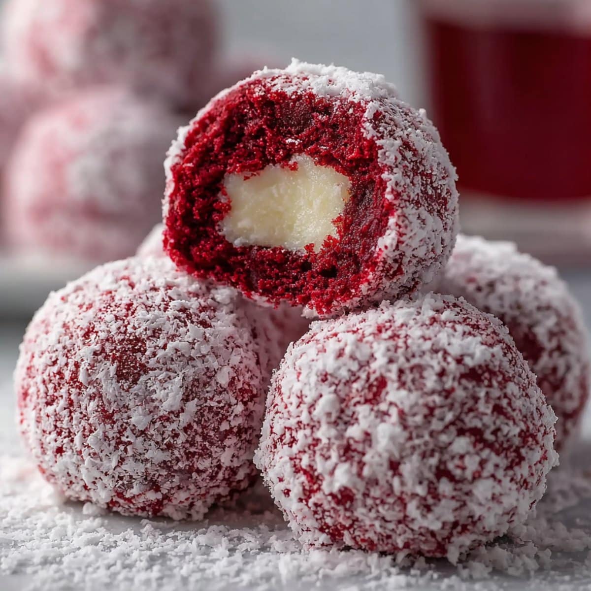 Red velvet snowballs coated in powdered sugar with a cream cheese center.
