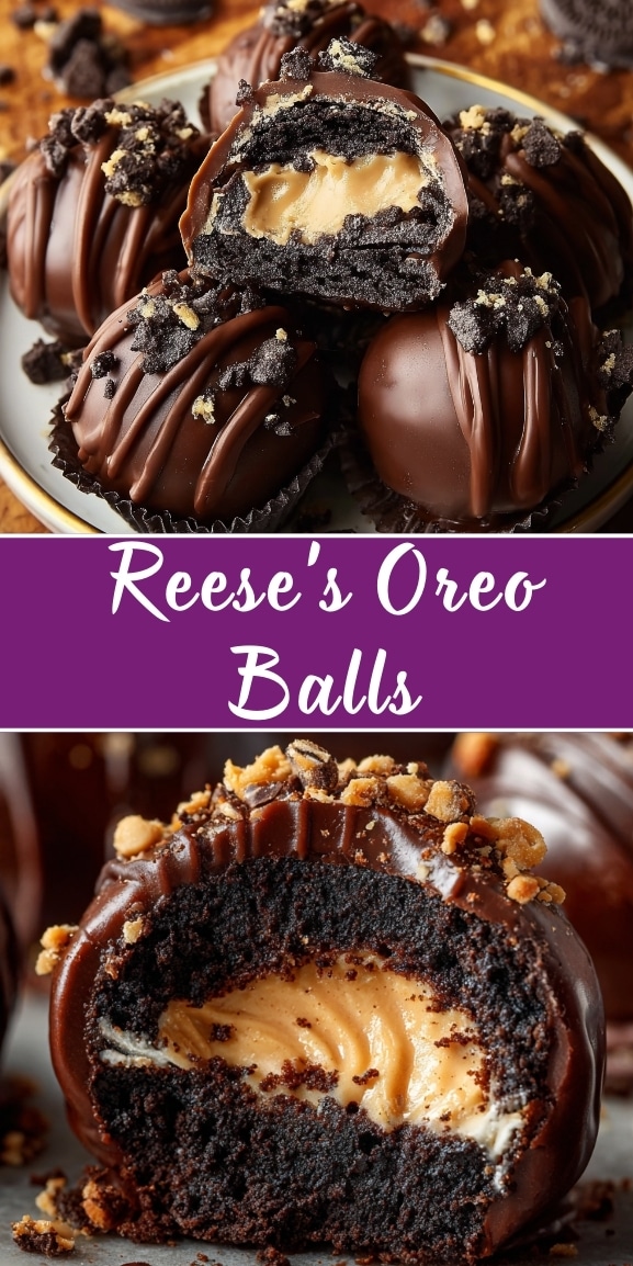 Reese’s Oreo balls covered in chocolate with drizzle and cookie crumbs, shown whole and cut open to reveal a creamy peanut butter center under the title “Reese’s Oreo Balls.”