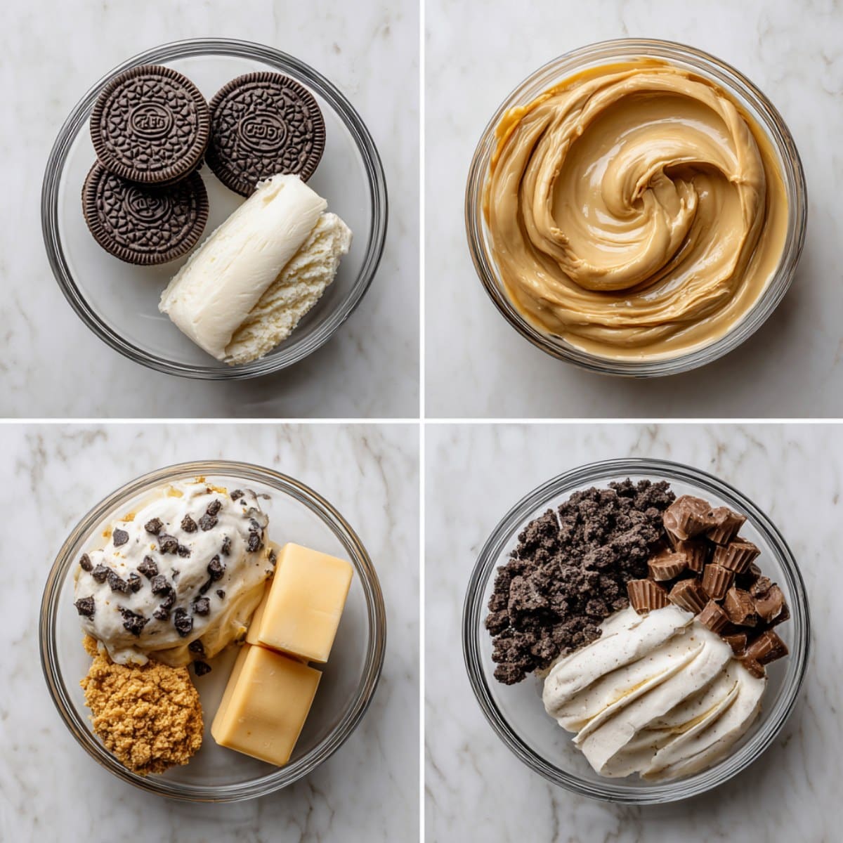 Reese’s Oreo Balls ingredients laid out on a white marble counter—Oreos, cream cheese, peanut butter, chocolate, and chopped Reese’s cups.