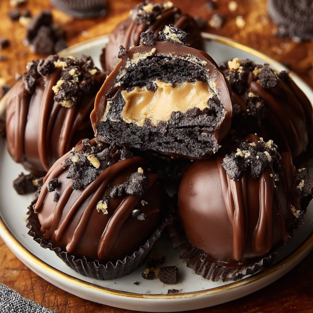 Reese’s Oreo Balls stacked on a plate, dipped in smooth chocolate with chocolate drizzle and Oreo crumbs, one cut open to show the creamy peanut butter center.