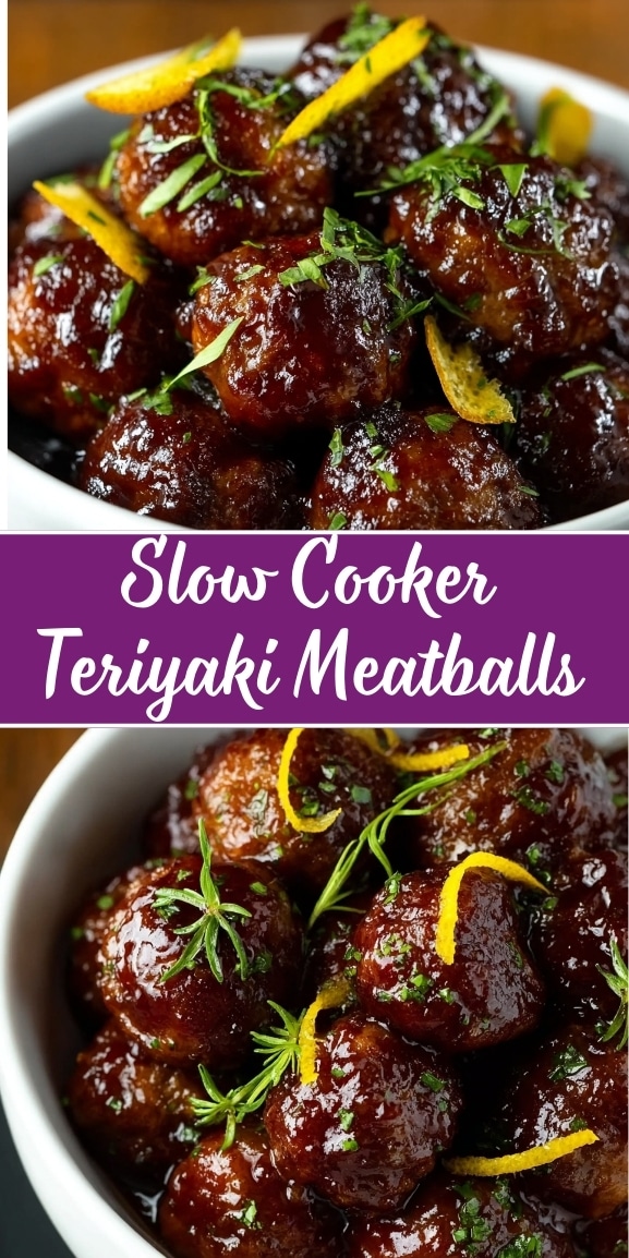 Slow cooker teriyaki meatballs coated in a glossy sauce with citrus zest and fresh herbs