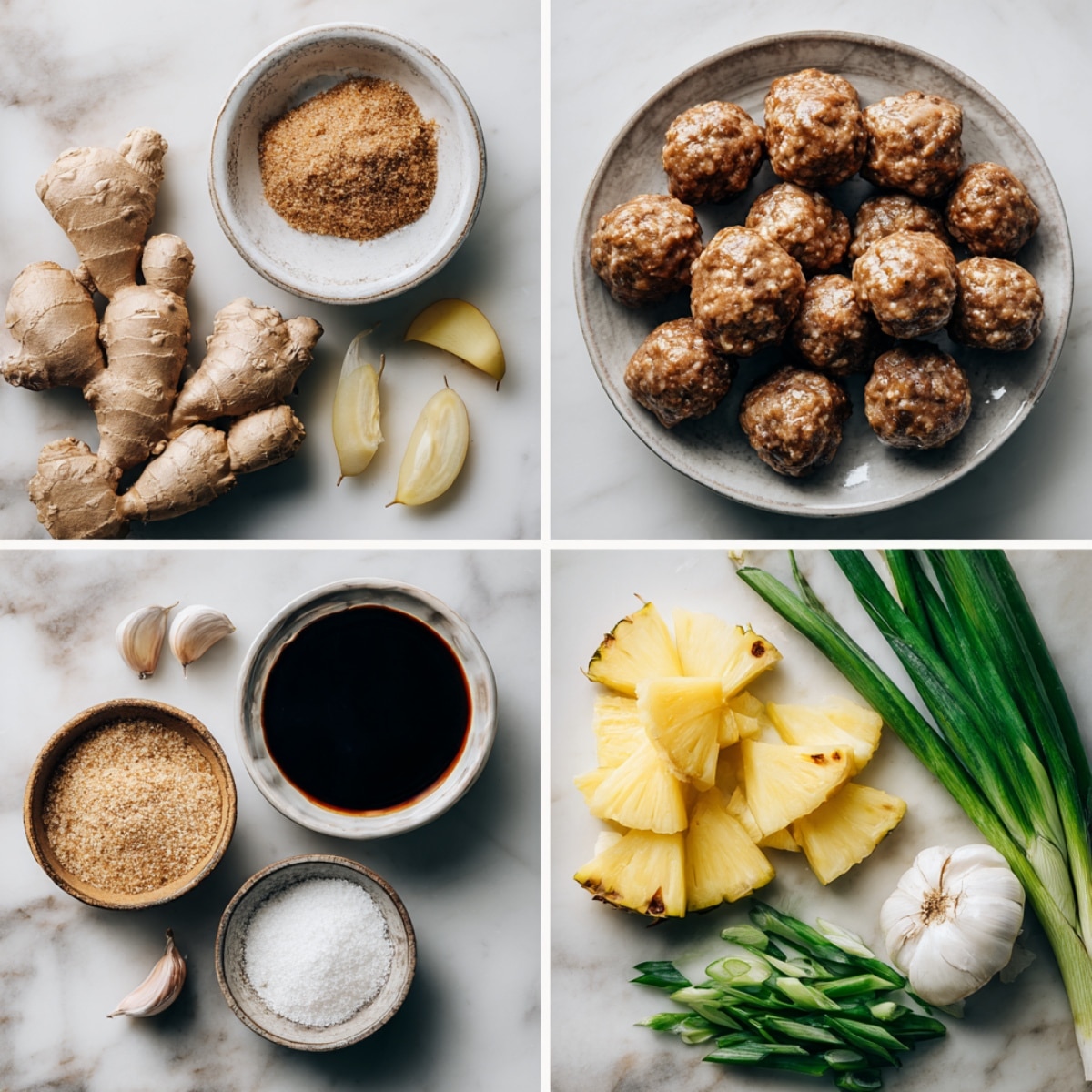 Ingredients for slow cooker teriyaki meatballs arranged in a 4-panel flat lay on a white marble kitchen counter.