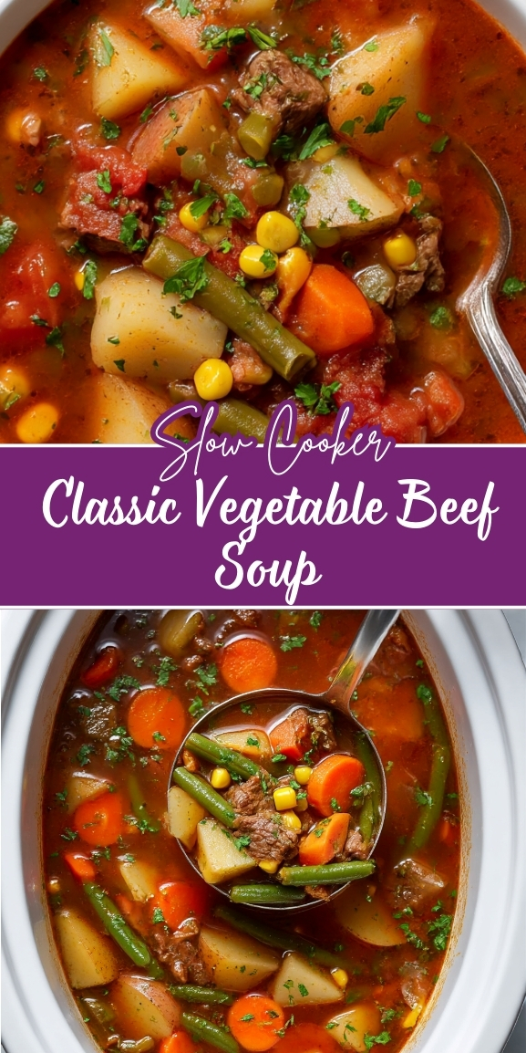 Vegetable beef soup in slow cooker, hearty and colorful with tender chunks of beef, potatoes, carrots, green beans, corn, and tomatoes in a rich broth, featured in a split image of a white bowl and ladle inside a Crockpot with cozy purple “Classic Vegetable Beef Soup” banner.