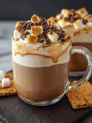 Creamy s’mores latte in a clear glass mug topped with foamy whipped cream, toasted mini marshmallows, chocolate shavings, and a caramel drizzle, served with graham crackers on the side.