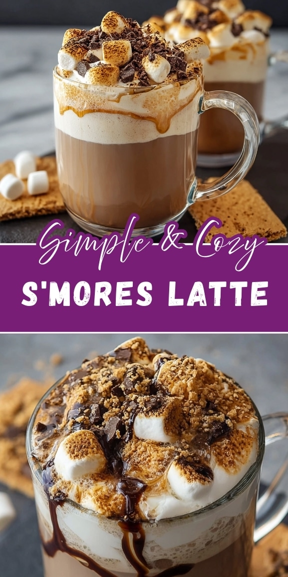 Glass mugs of cozy s’mores latte topped with lightly toasted marshmallows, chocolate drizzle, and crushed graham crackers, styled with graham squares and marshmallows on a dark surface for a warm, Pinterest-perfect presentation.