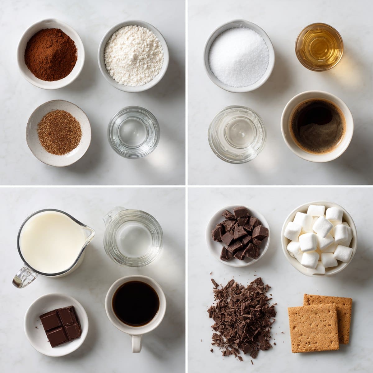 S’mores latte ingredients flat lay with espresso, milk, cocoa, sugar, whipped cream, mini marshmallows, and graham cracker crumbs on a white marble counter.
