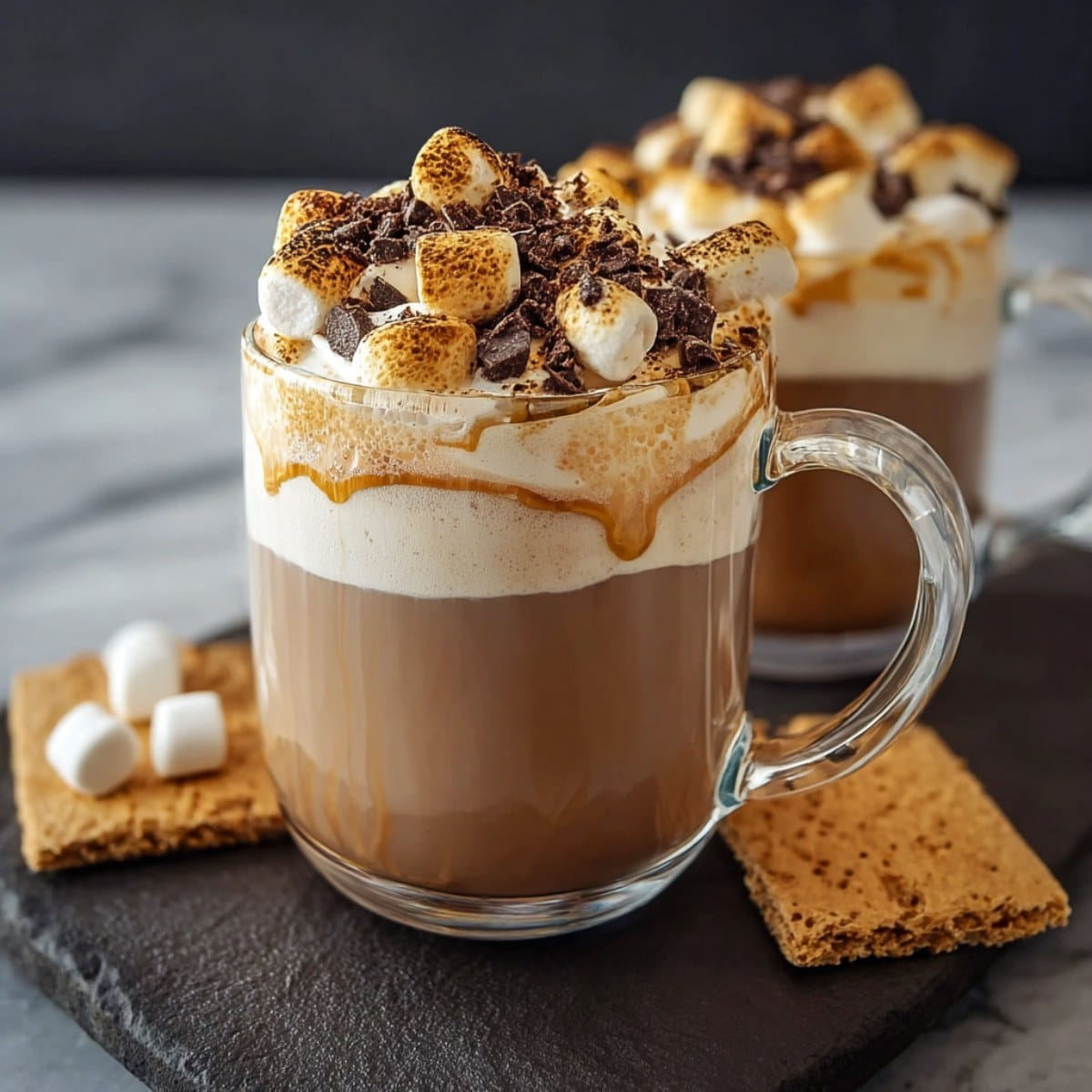 Creamy s’mores latte in a clear glass mug topped with foamy whipped cream, toasted mini marshmallows, chocolate shavings, and a caramel drizzle, served with graham crackers on the side.