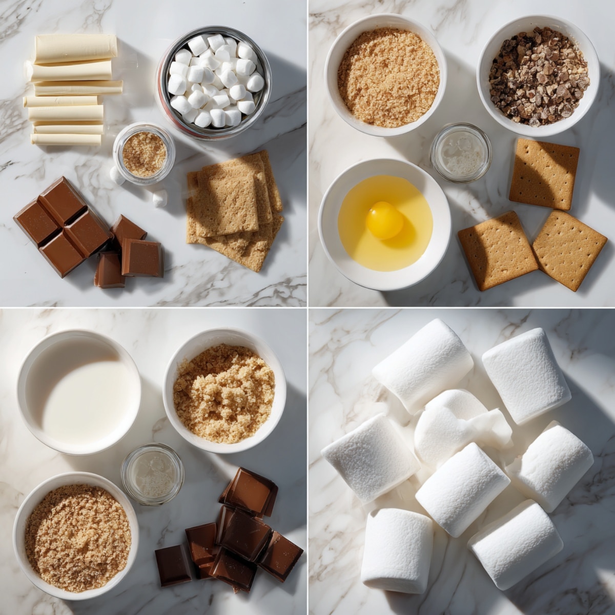 S’mores Rolls ingredients on a white marble counter: crescent roll dough, graham cracker crumbs, chocolate chips, marshmallows, butter, and brown sugar.