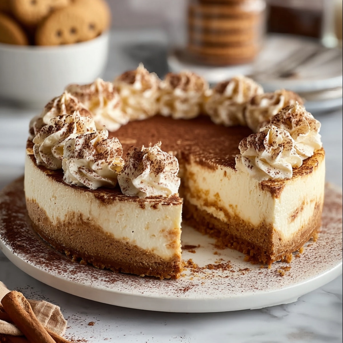 Snickerdoodle cheesecake with cinnamon-spiced filling, whipped cream swirls, and a buttery cookie crust
