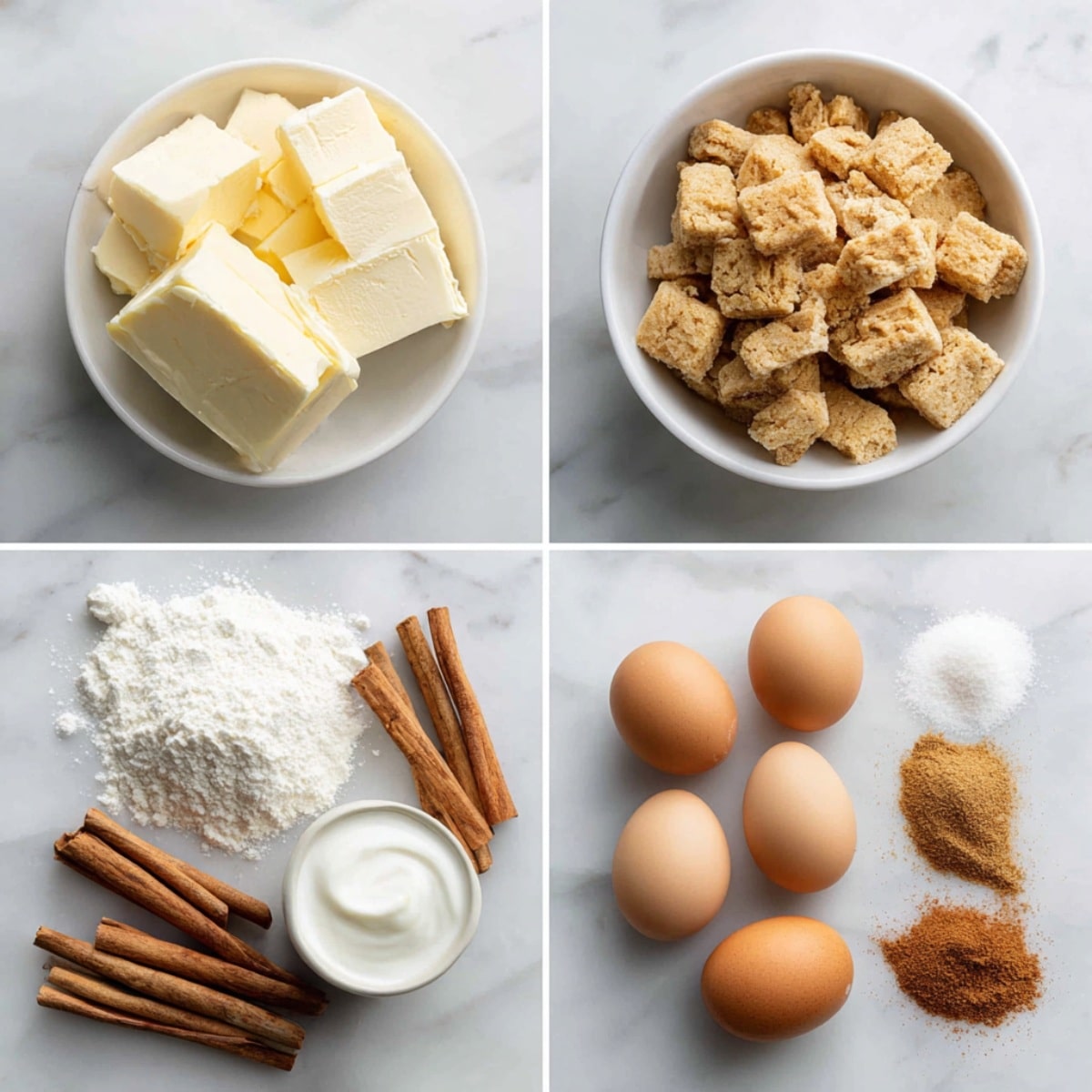 Ingredients for snickerdoodle cheesecake arranged in a 4-panel flat lay on a white marble kitchen counter.