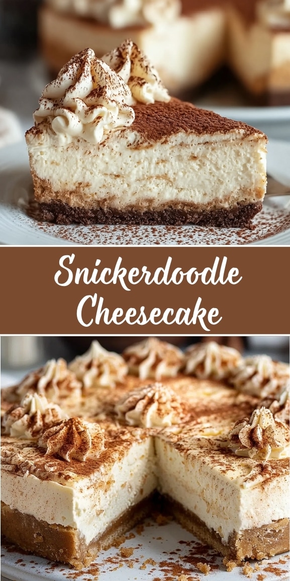 Snickerdoodle cheesecake with creamy cinnamon filling, whipped cream topping, and cookie crust