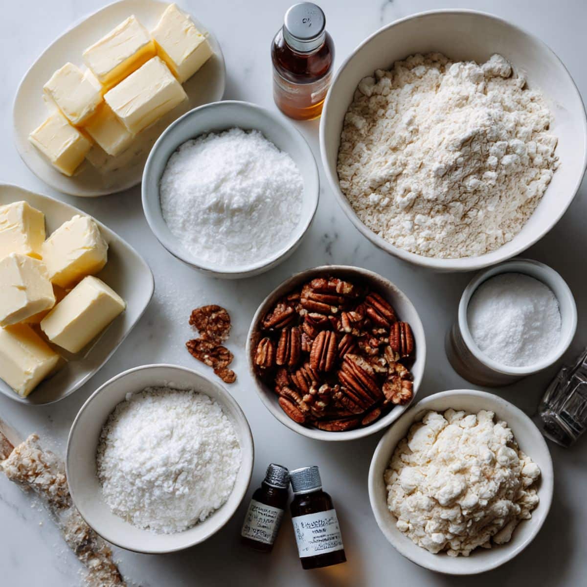 Ingredients for snowball cookies including butter, powdered sugar, pecans, and flour on a white counter.