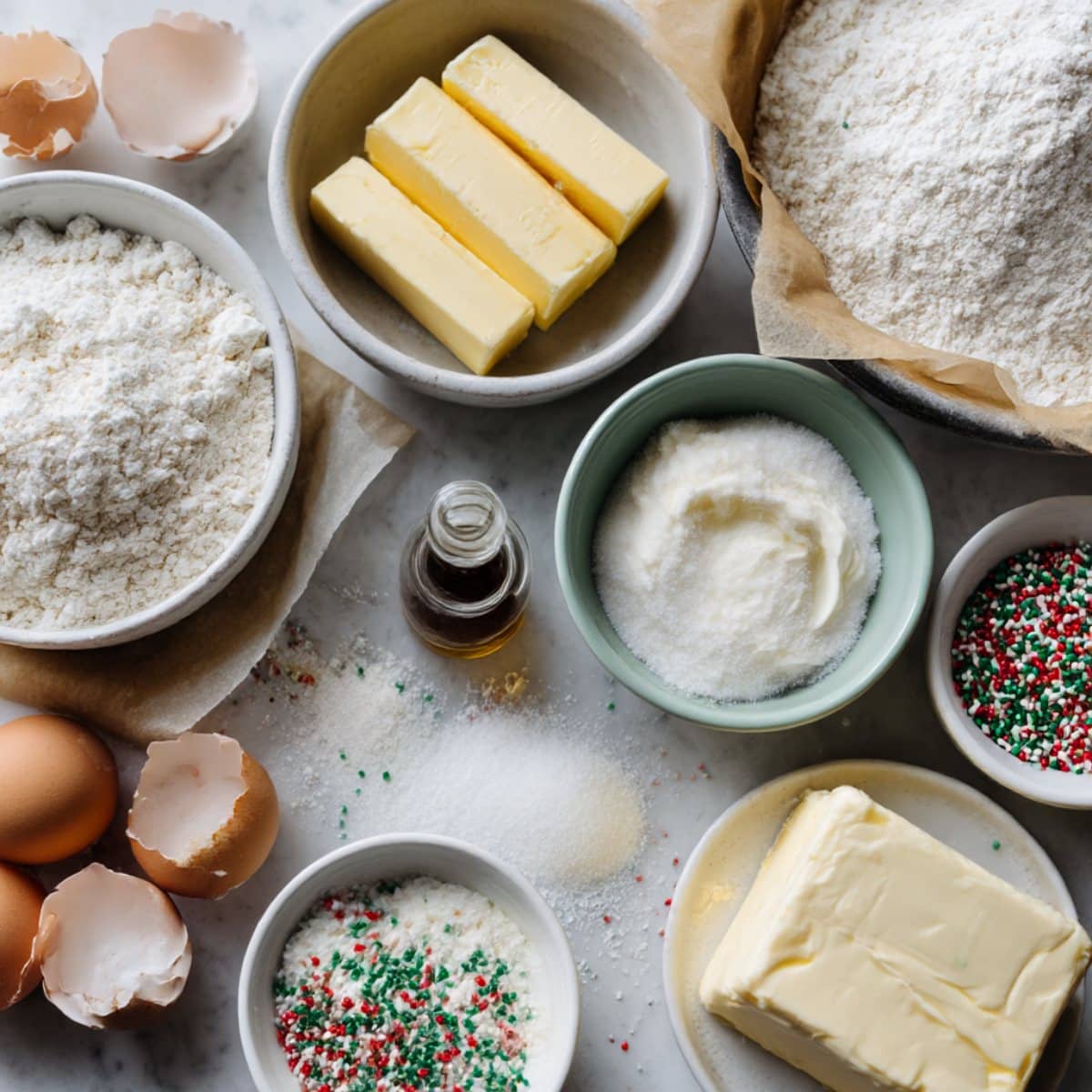 Sugar cookie cheesecake ingredients laid out on a white kitchen counter including cream cheese, sugar cookie dough ingredients, eggs, sour cream, vanilla, and festive sprinkles.