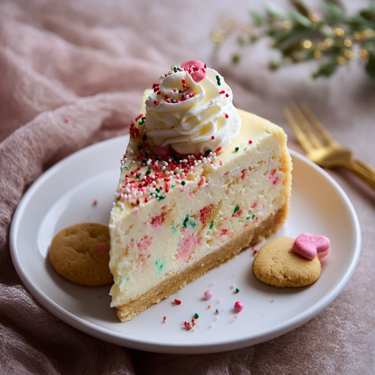 Slice of sugar cookie cheesecake with creamy vanilla filling, festive sprinkles, and a buttery sugar cookie crust on a white plate.