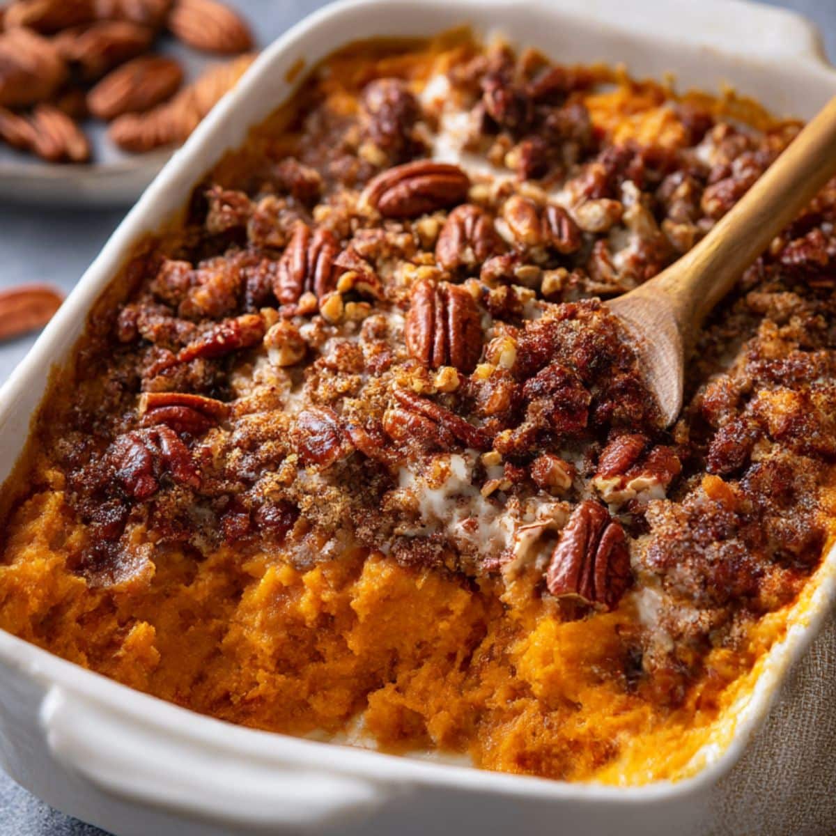 Sweet potato casserole with buttery pecan streusel topping baked until golden and bubbly in a white baking dish.