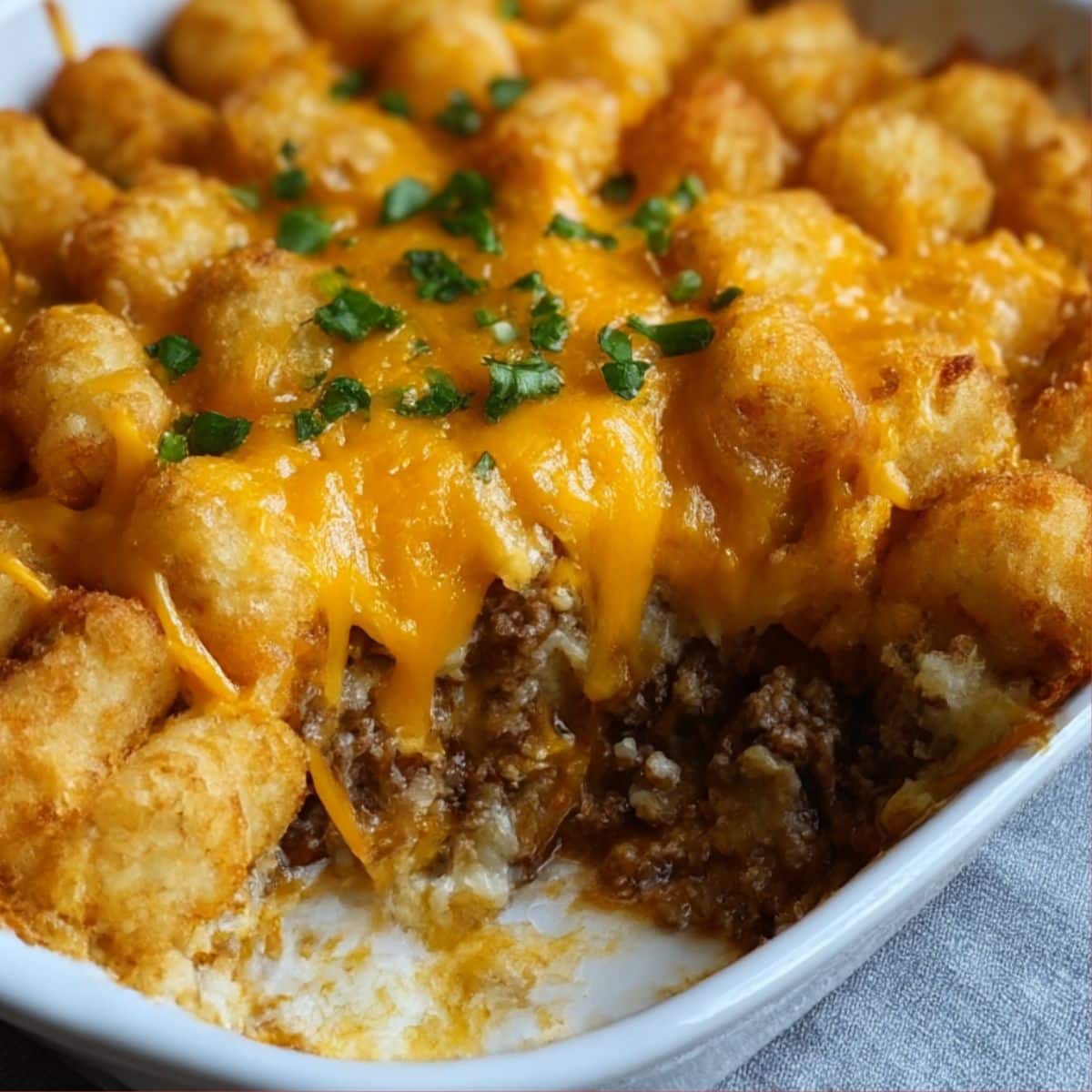 Close-up of cheesy tater tot casserole with crispy golden tater tots layered over seasoned ground beef.