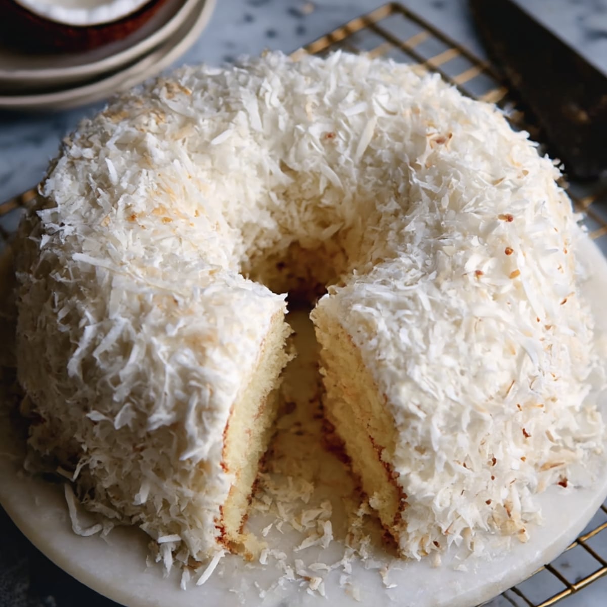 Tom Cruise Coconut Cake with thick white frosting and shredded coconut, sliced to show the moist vanilla cake crumb.