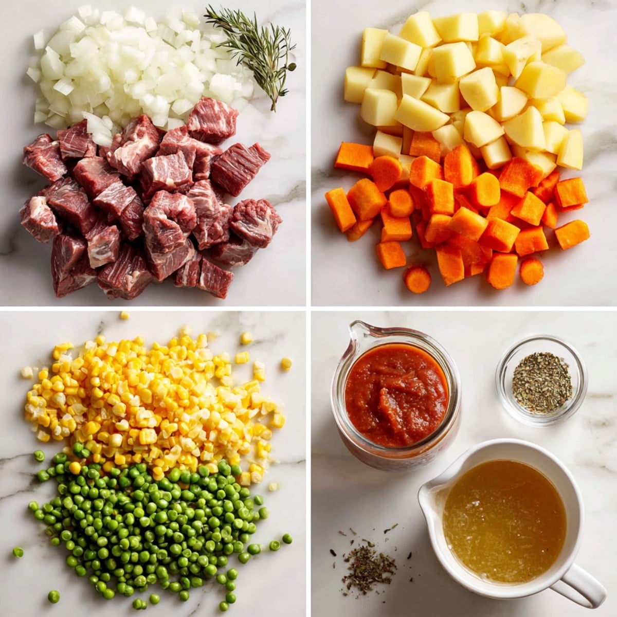Ingredients for vegetable beef soup arranged in a 4-panel flat lay on a white marble kitchen counter.