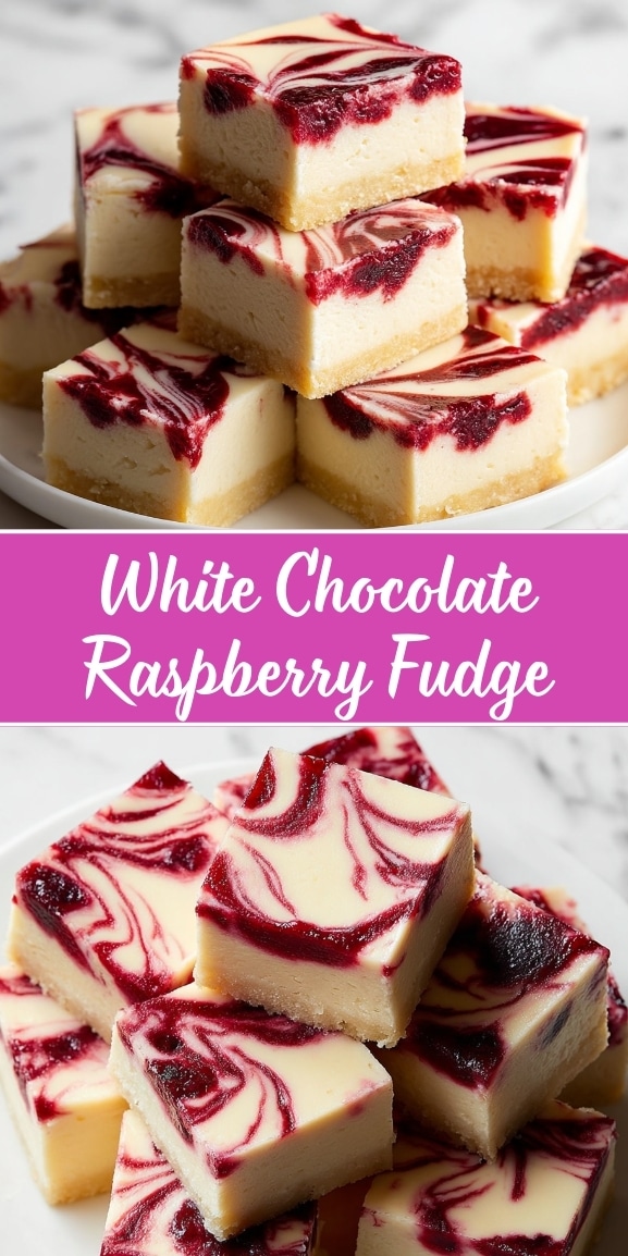 White chocolate raspberry fudge with creamy layers and swirled raspberry topping
