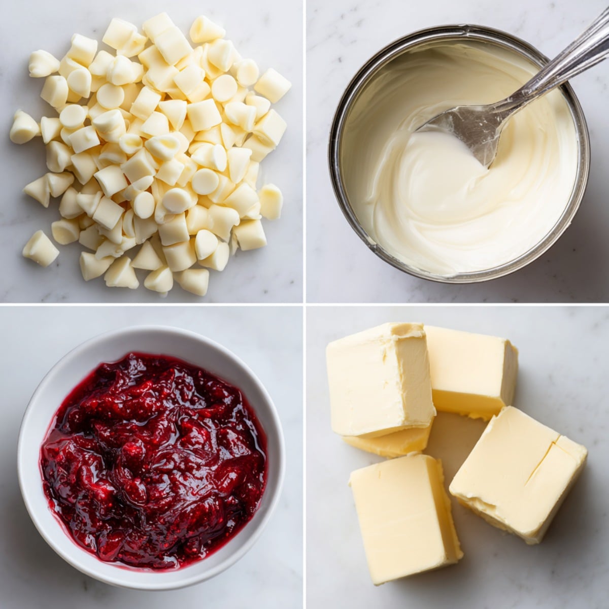 Ingredients for white chocolate raspberry fudge arranged in a 4-panel flat lay on a white marble kitchen counter.