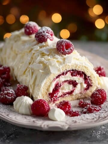 White chocolate raspberry yule log cake filled with cream and fresh raspberries