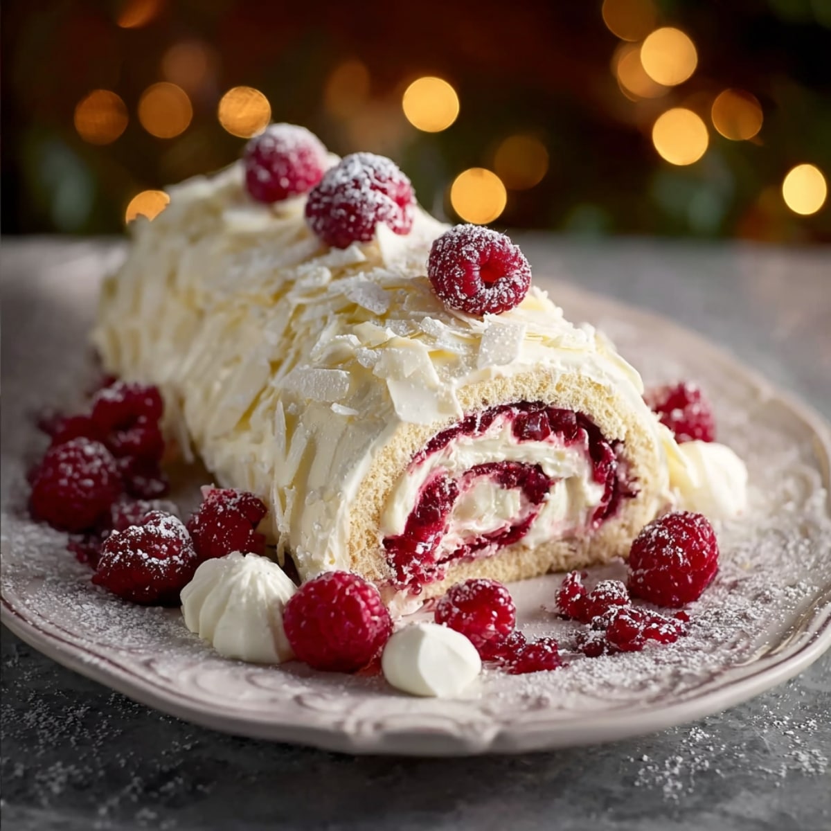 White chocolate raspberry yule log cake filled with cream and fresh raspberries
