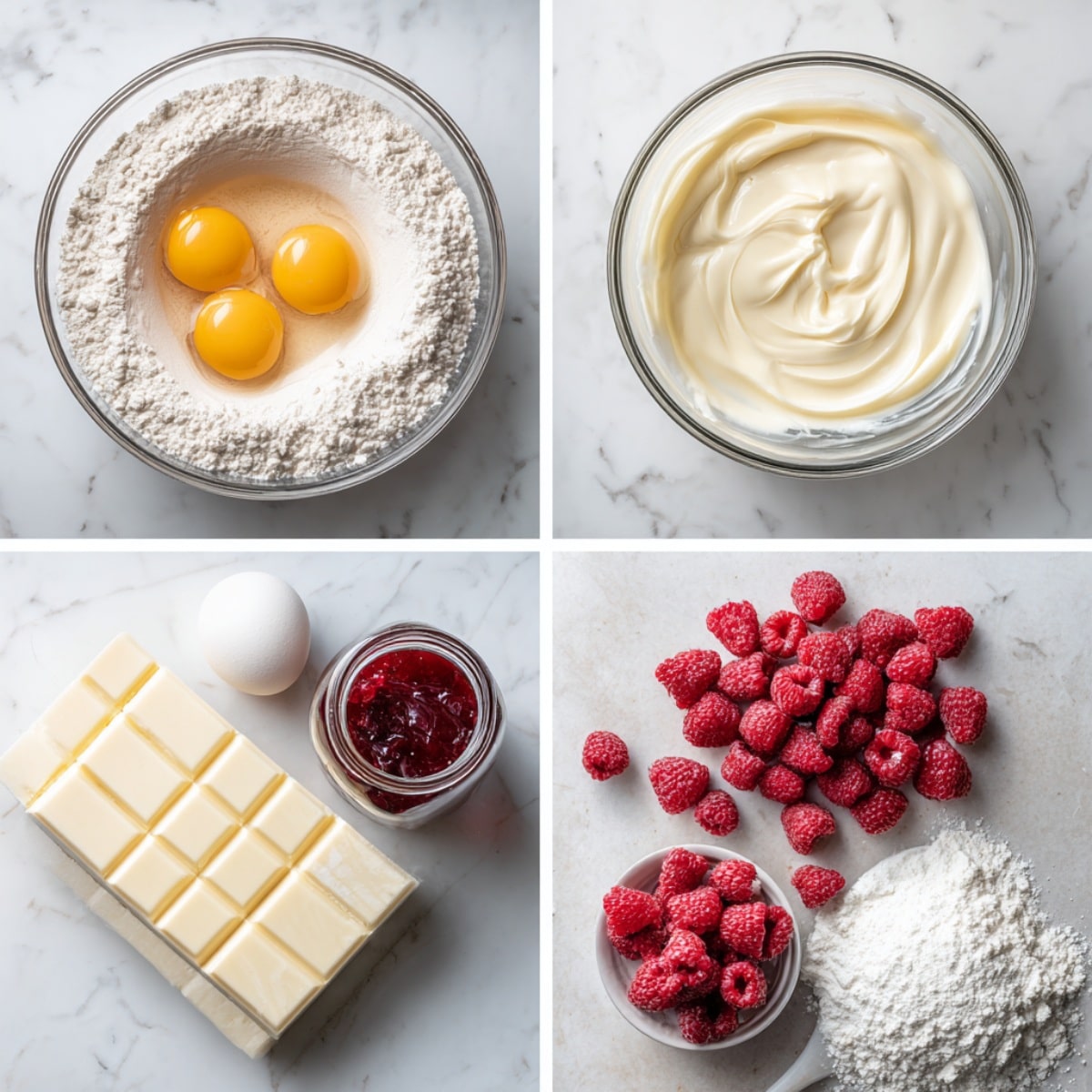 Ingredients for white chocolate raspberry yule log arranged in a 4-panel flat lay on a white marble kitchen counter.