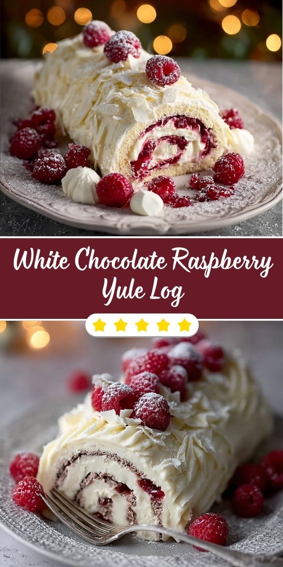 White chocolate raspberry yule log cake with creamy filling and fresh raspberries
