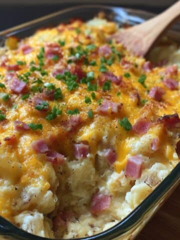Cheesy ham potato casserole baked until golden with diced ham, melted cheddar, and fresh chives.