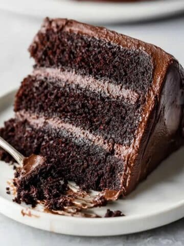 Slice of homemade chocolate cake with rich chocolate frosting showing moist layers on a white plate. Close-up view of a classic chocolate cake with soft crumb and creamy chocolate buttercream.