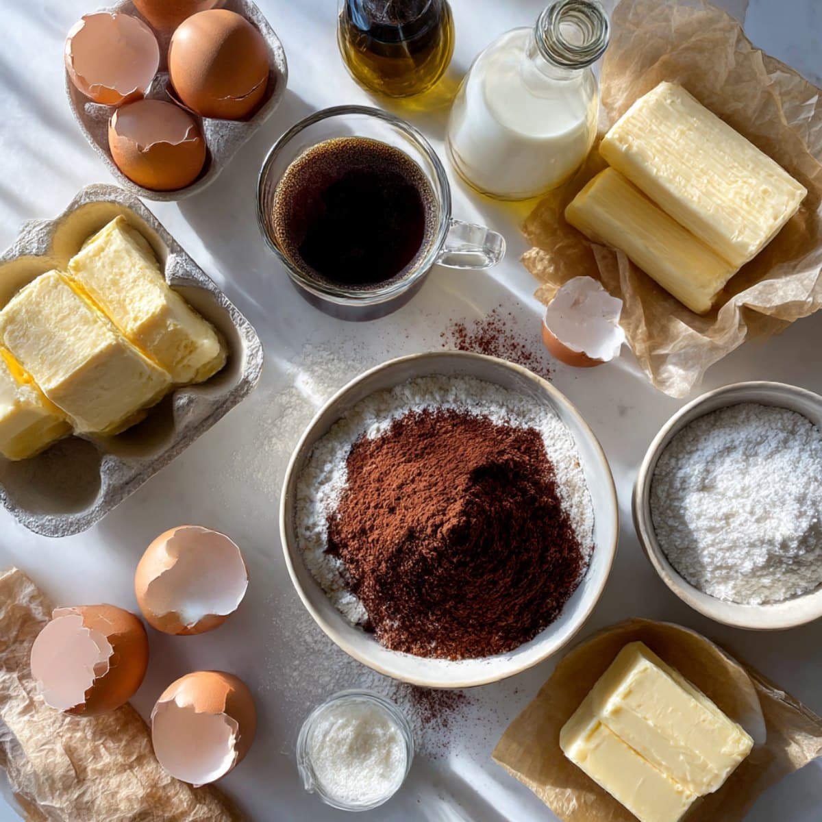 Overhead view of chocolate cake ingredients including cocoa powder, flour, sugar, eggs, oil, buttermilk, coffee, and butter on a white kitchen counter.