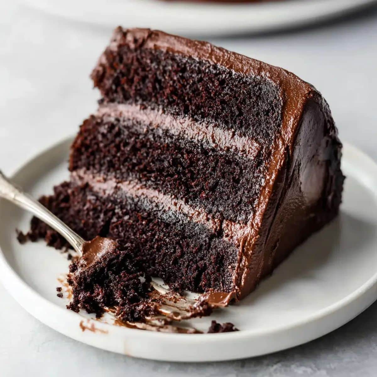 Slice of homemade chocolate cake with rich chocolate frosting showing moist layers on a white plate. Close-up view of a classic chocolate cake with soft crumb and creamy chocolate buttercream.