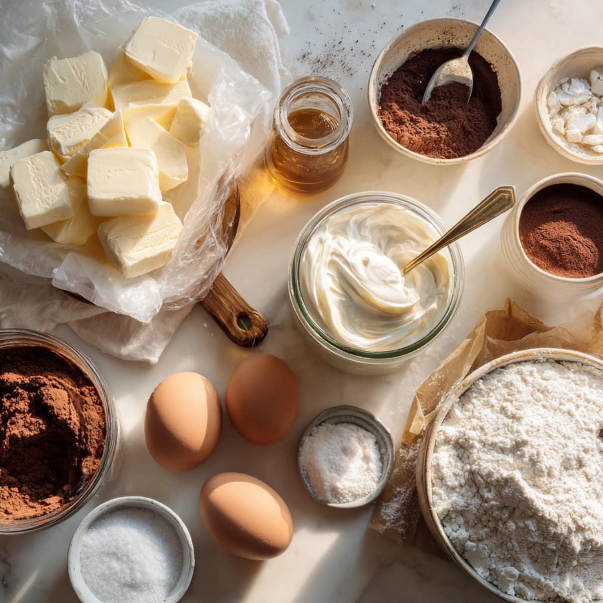 Ingredients for chocolate marshmallow swirl cookies including butter, cocoa powder, flour, sugar, eggs, and marshmallow fluff laid out on a white kitchen counter.
