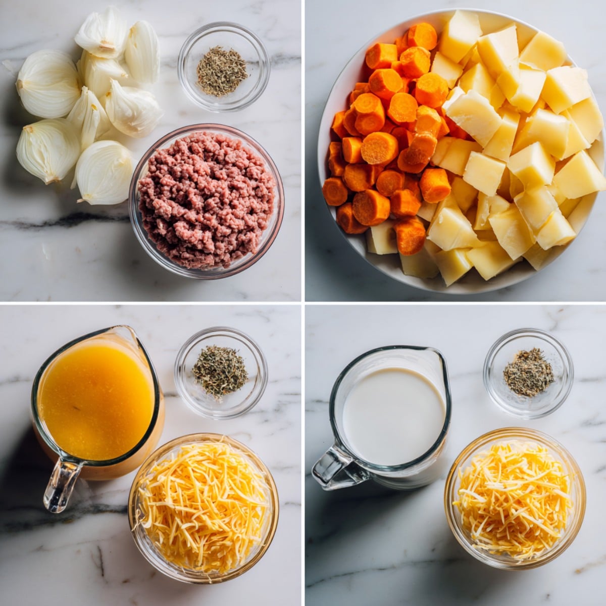 Ingredients for crockpot creamy potato & hamburger soup arranged in a 4-panel flat lay on a white marble kitchen counter.