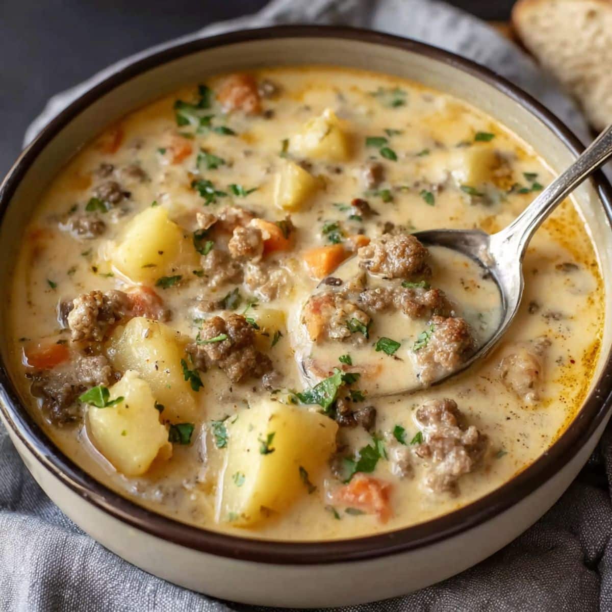Crockpot creamy potato and hamburger soup with tender potatoes and seasoned ground beef