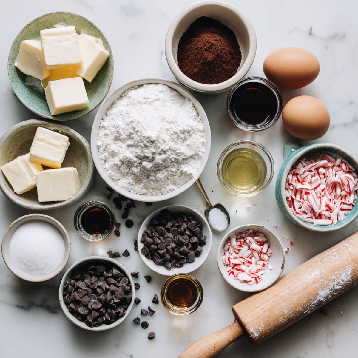 Ingredients for double chocolate peppermint cookies arranged on a white kitchen counter, including cocoa powder, chocolate chips, butter, sugar, and crushed candy canes.