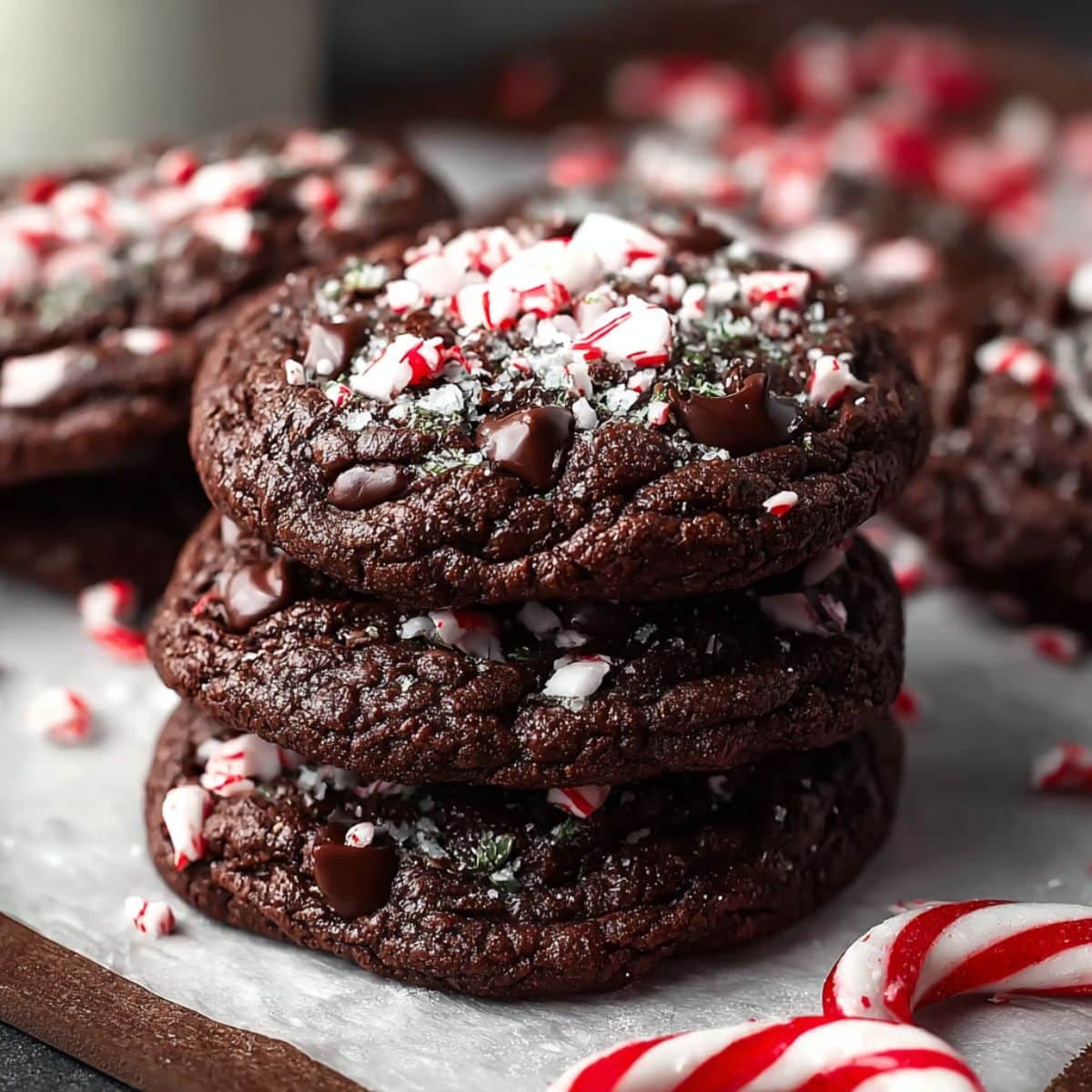 Double chocolate peppermint cookies stacked on parchment paper, topped with crushed candy canes and chocolate chips.