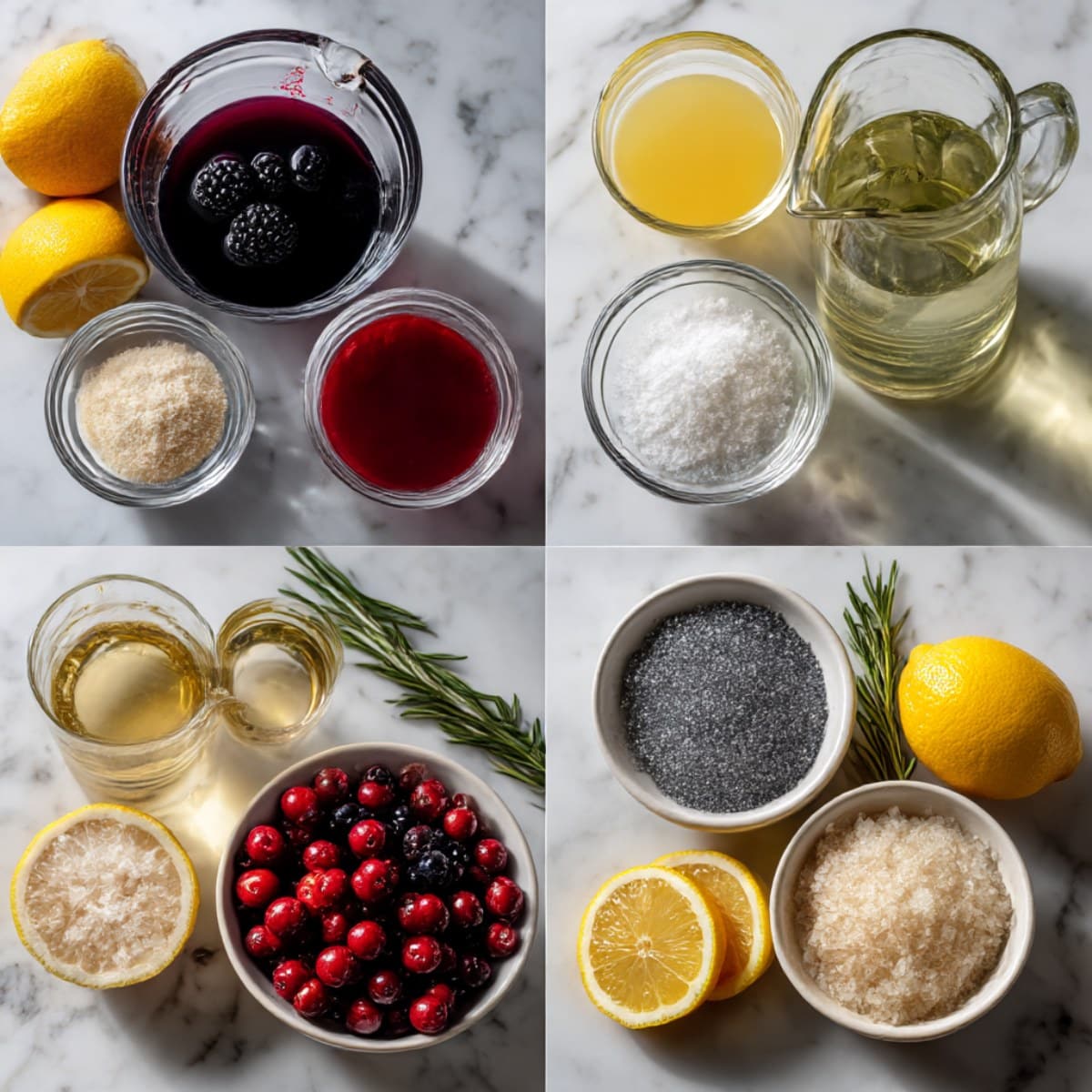 Midnight frost Christmas punch ingredients in a 4-grid flat lay on a white marble counter.