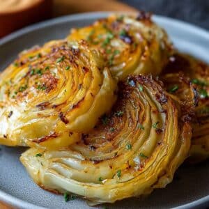 Golden roasted cabbage steaks with crispy caramelized edges served on a plate.
