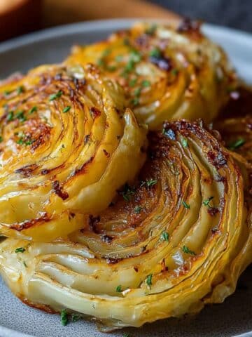 Golden roasted cabbage steaks with crispy caramelized edges served on a plate.
