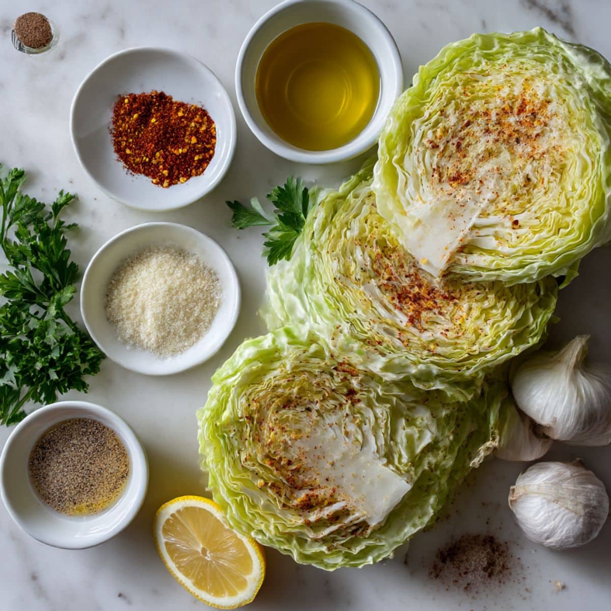 All ingredients for roasted cabbage steaks arranged on a white kitchen counter.