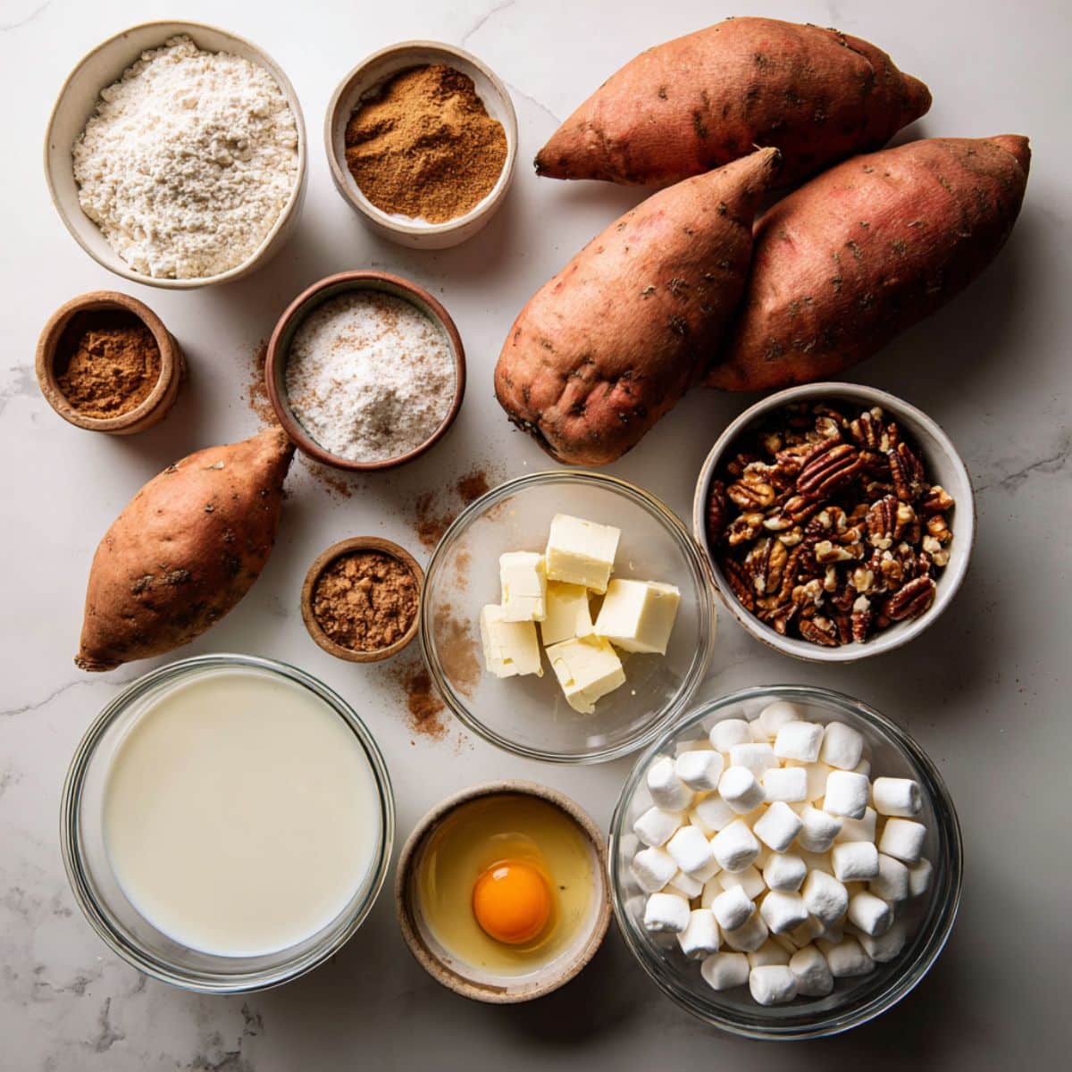 Ingredients for homemade sweet potato casserole including fresh sweet potatoes, pecans, brown sugar, butter, eggs, milk, and spices.