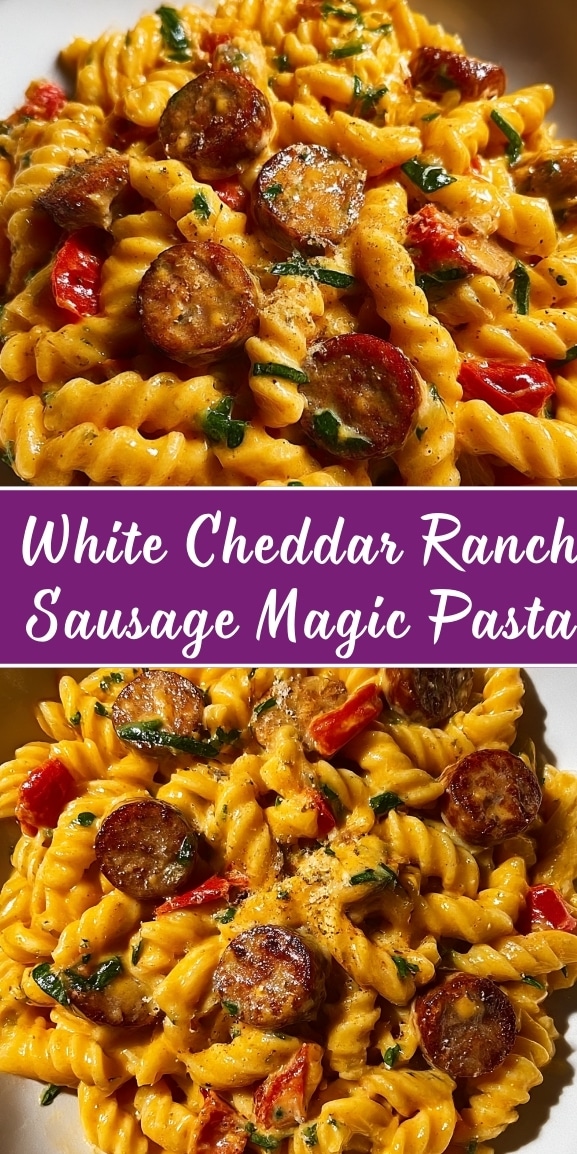 Creamy white cheddar ranch sausage pasta made with rotini, sliced sausage, and herbs