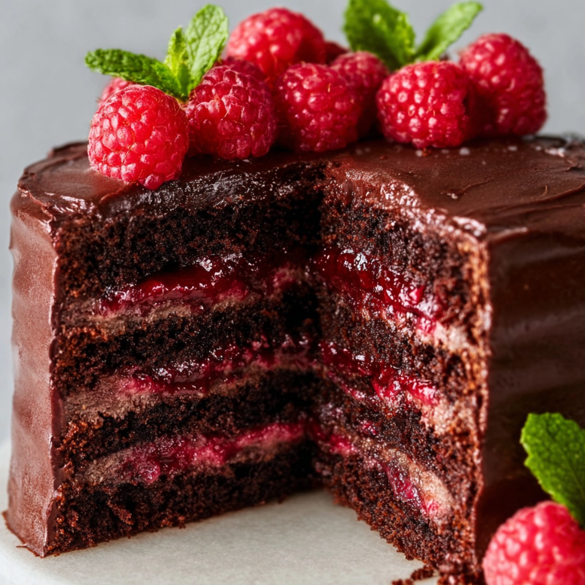 Four-layer chocolate raspberry cake with a wedge removed, showing alternating layers of dark chocolate cake, raspberry filling, and chocolate buttercream, covered in smooth chocolate frosting and topped with fresh raspberries and mint leaves.
