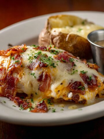 Alice Springs Chicken topped with melted cheese and crispy bacon, served with a baked potato and honey mustard sauce on a white plate.