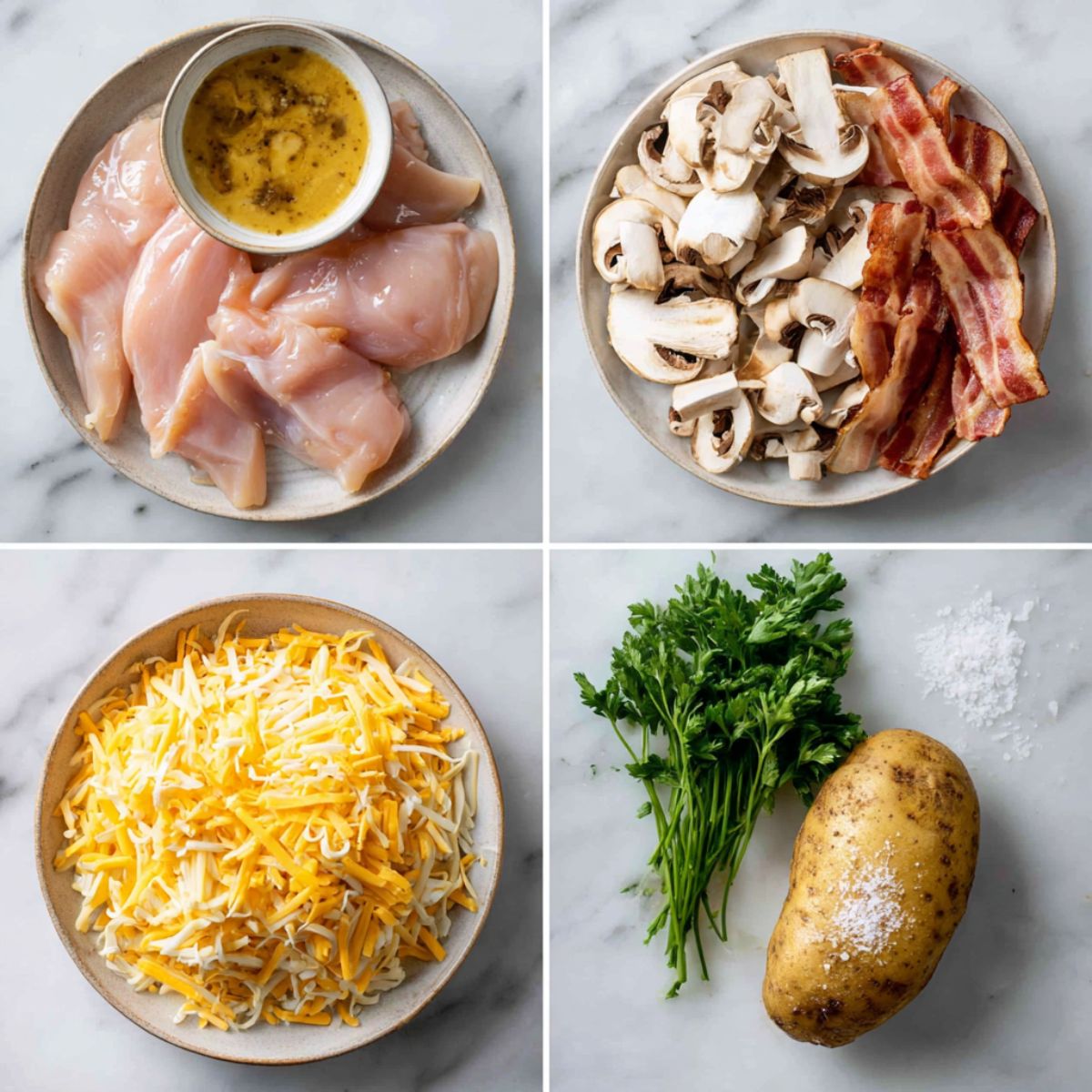 Ingredients for Alice Springs Chicken arranged in a 4-panel flat lay on a white marble kitchen counter.