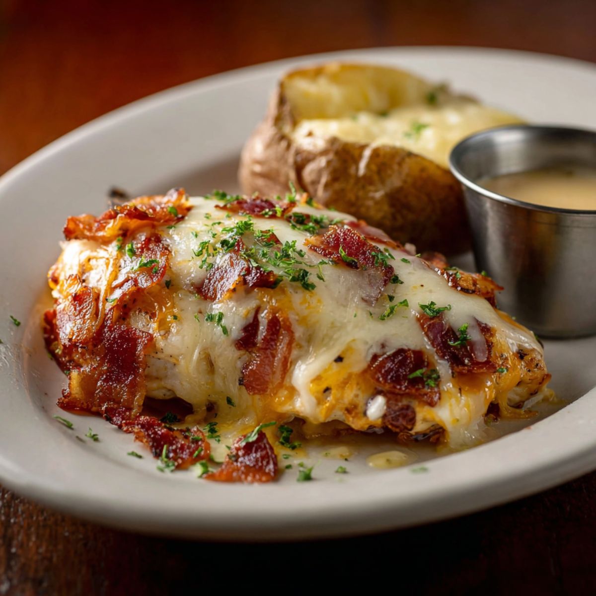 Alice Springs Chicken topped with melted cheese and crispy bacon, served with a baked potato and honey mustard sauce on a white plate.
